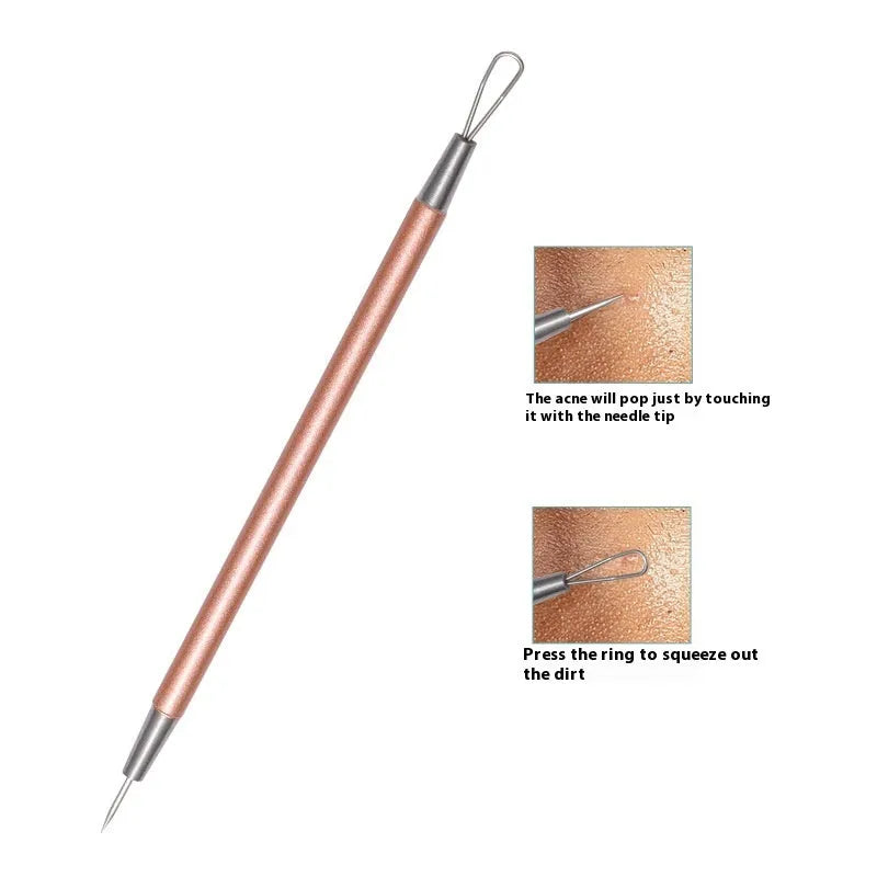 Six stainless steel acne remover tools with rose gold finish for professional pimple extraction
