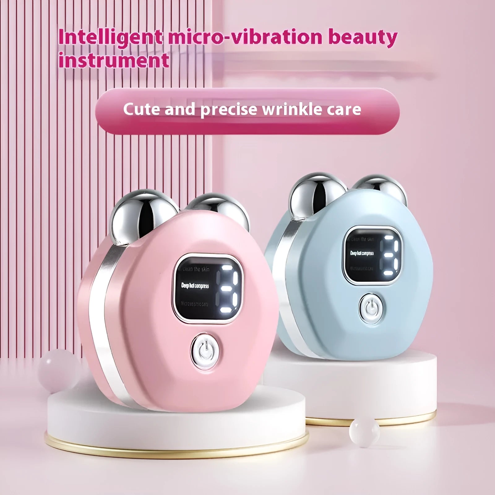Portable white facial massage instrument with double-roller head and charging cable.