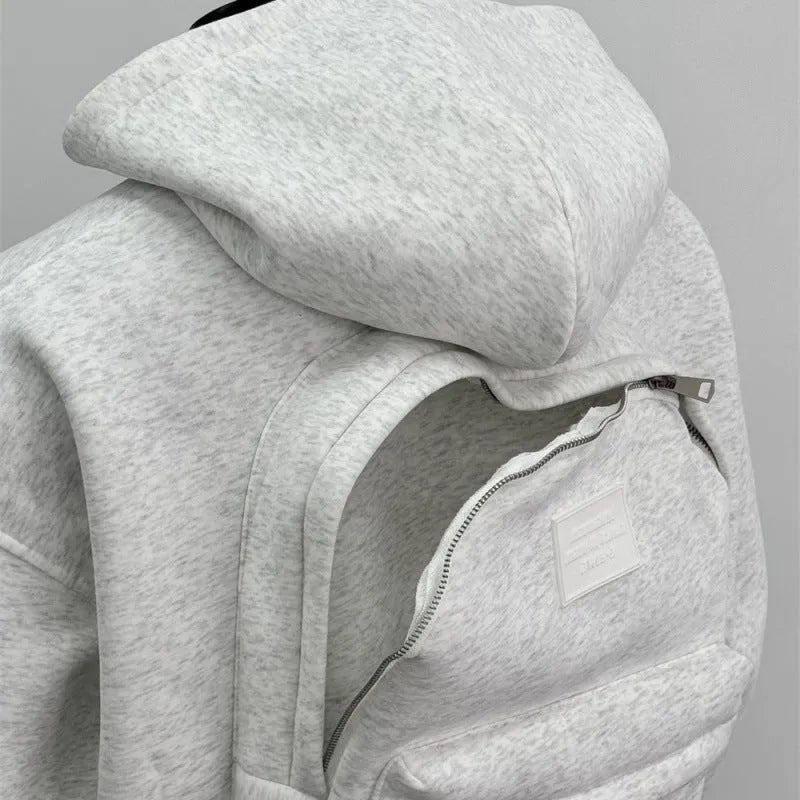 Light grey men's hoodie with a schoolbag design on the back, showing the hood and front zip.