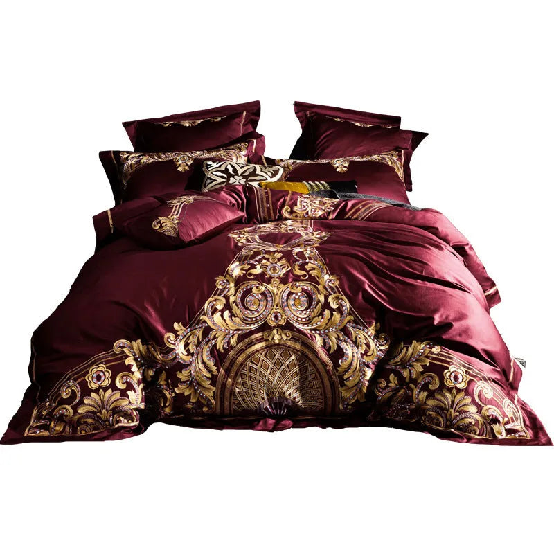 100% cotton embroidered bedding set with duvet cover, bed sheet and pillowcases in grey or red