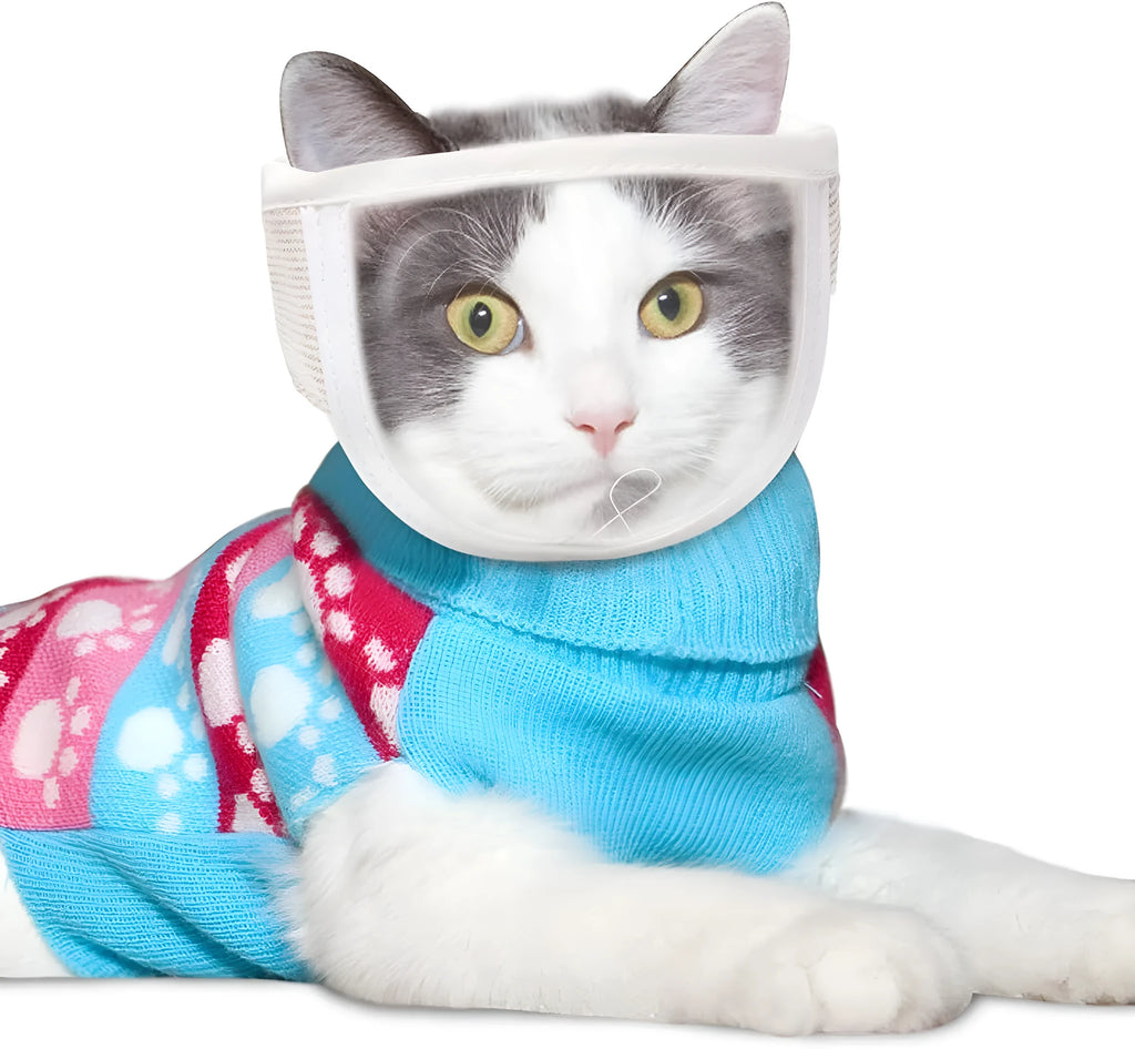 Transparent PVC and cotton cat muzzle shown on a pet, with visible breathing hole.