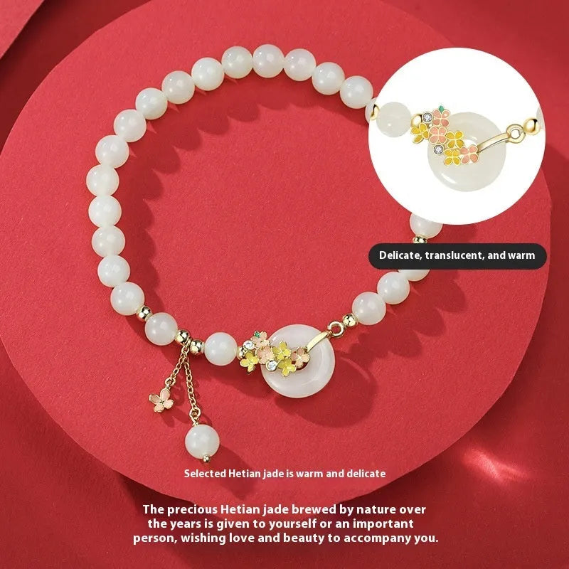 S925 sterling silver bracelet with 6mm natural Hetian jade stones and Osmanthus peace buckle design