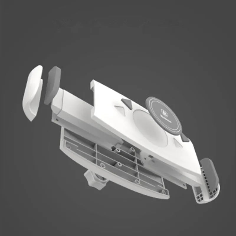 Aluminum alloy sucker bracket with double suction cup holding a tablet on a smooth surface, multi-angle rotation visible