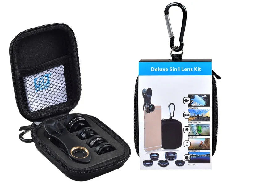 Universal 5-in-1 clip-on smartphone lens kit with fisheye, wide-angle, macro, telephoto, and CPL lenses on a black background.