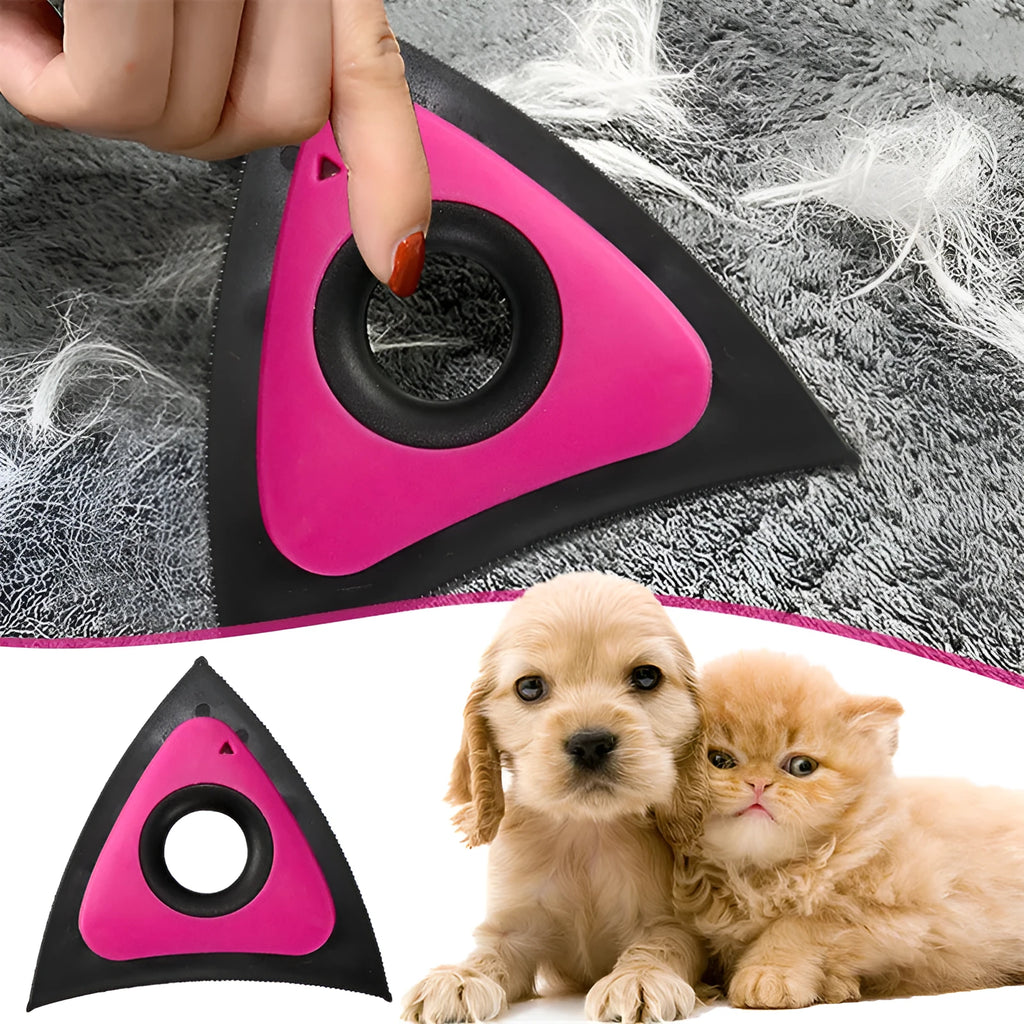 Triangle electrostatic pet hair remover brush in red with three density gears and bow-shaped handle on carpet