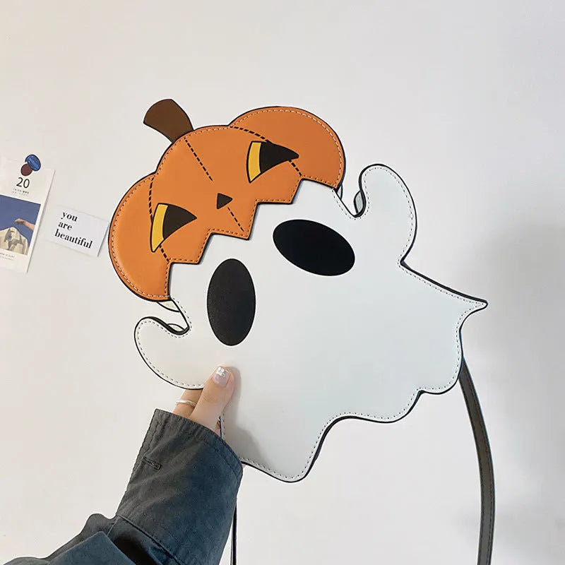Halloween White PU crossbody shoulder bag with 3D cartoon pumpkin and ghost design for women