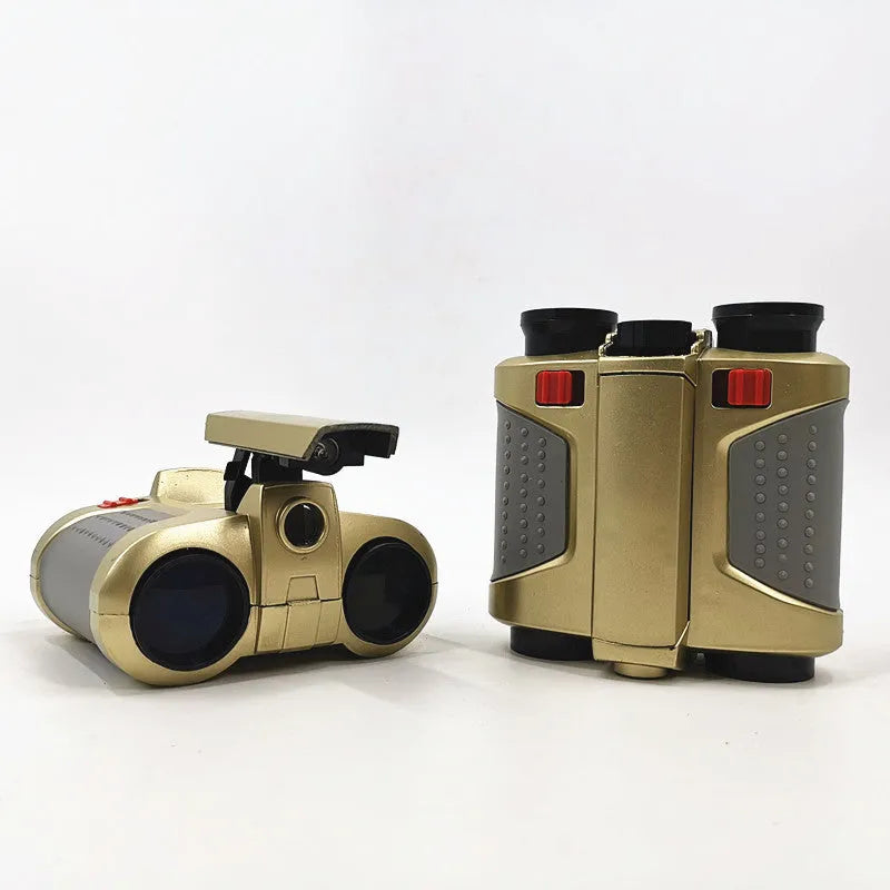 Children's telescope with light binoculars on a green field during sunset, showing the built-in light feature