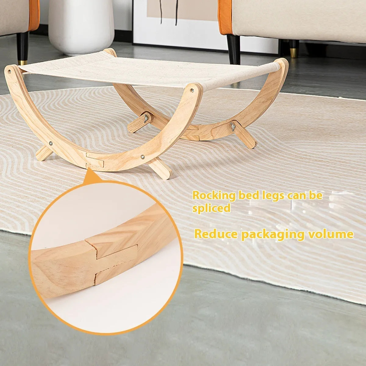 Solid wood foldable cat hammock bed with a neutral canvas and plush cushion.