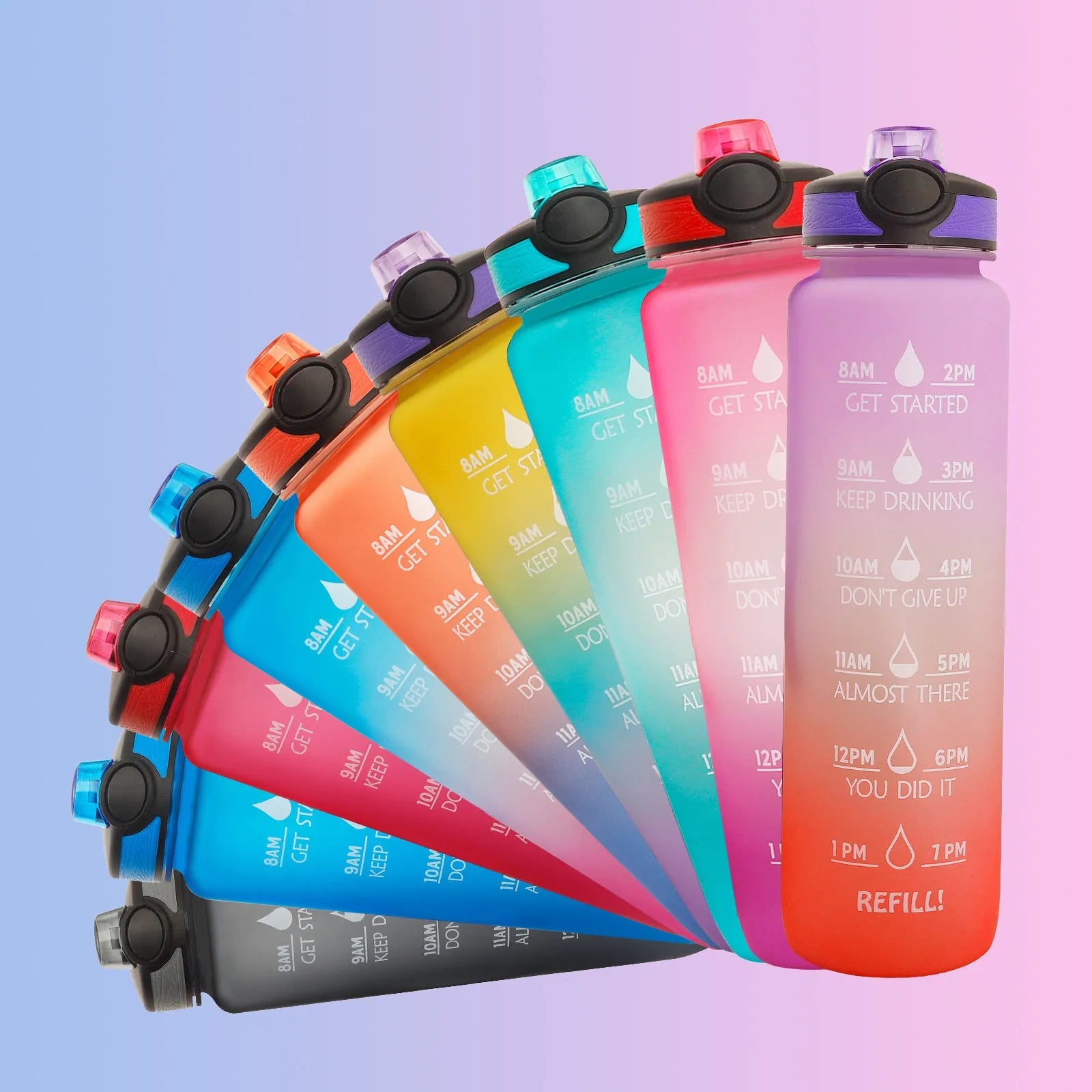 Blue and red gradient 1 litre Tritan sports water bottle with time markers and a black flip-top lid.