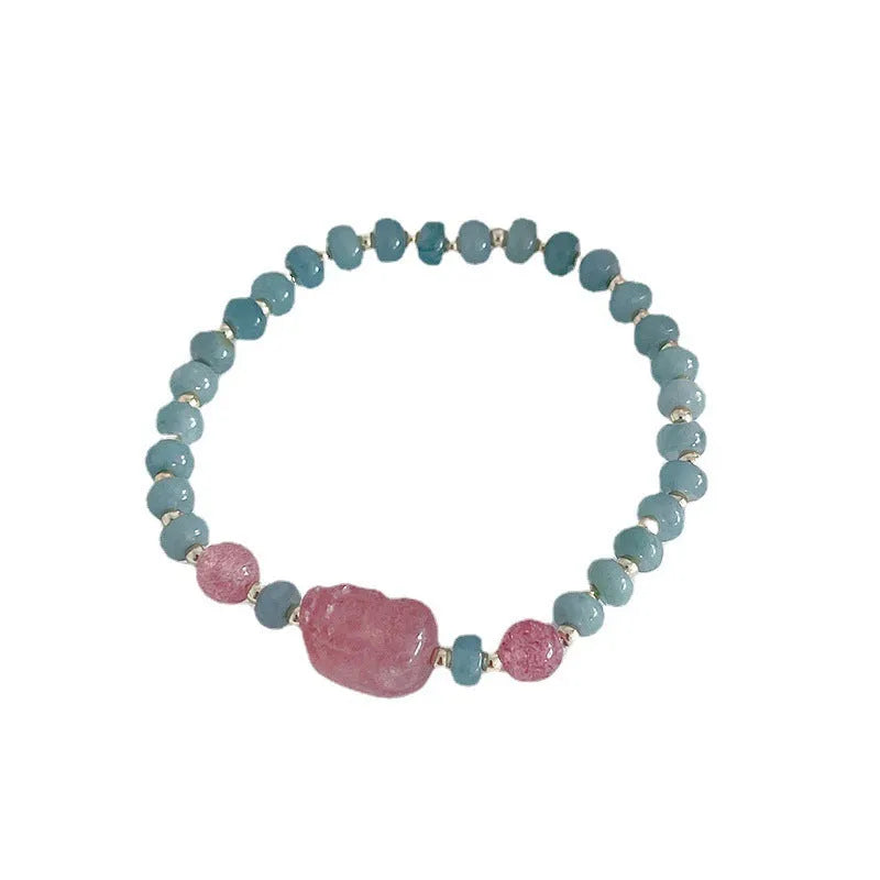 Women's natural blue water jade bead bracelet with gourd peace buckle charm