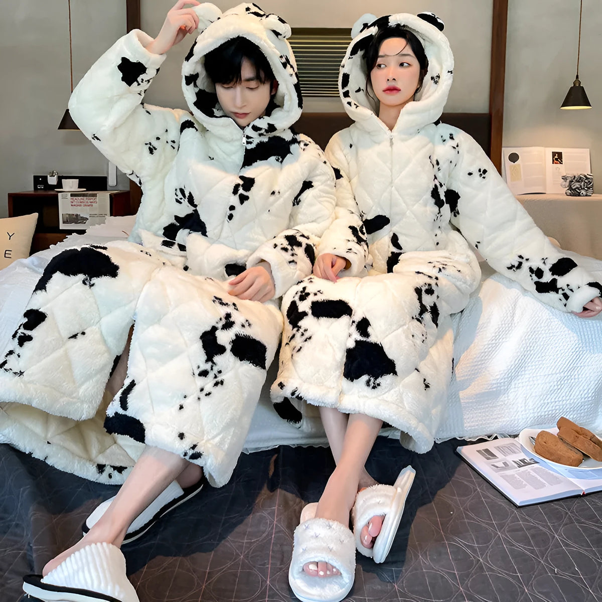 Men's winter quilted cow print coral fleece nightgown, thick warm bathrobe homewear