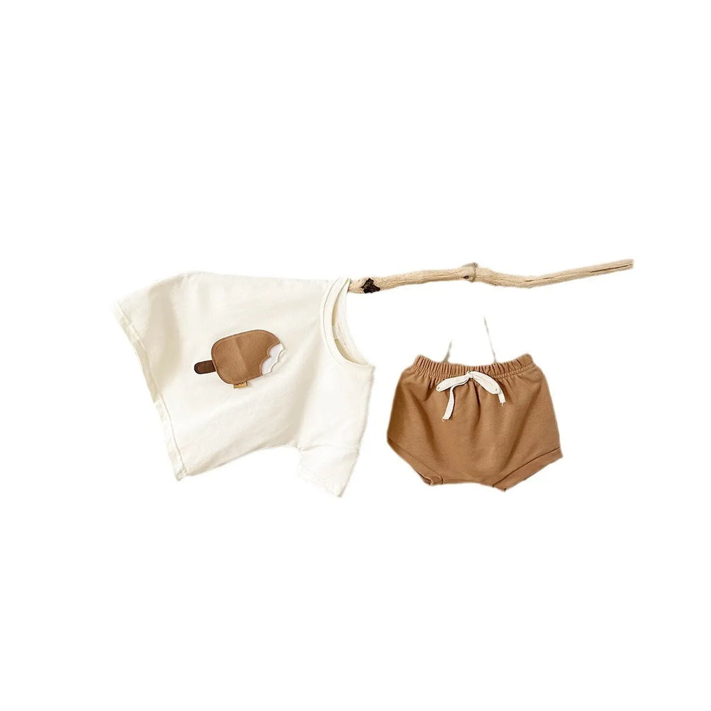 Girls' cotton shorts suit two-piece set with ice cream patch in apricot, olive or white colours