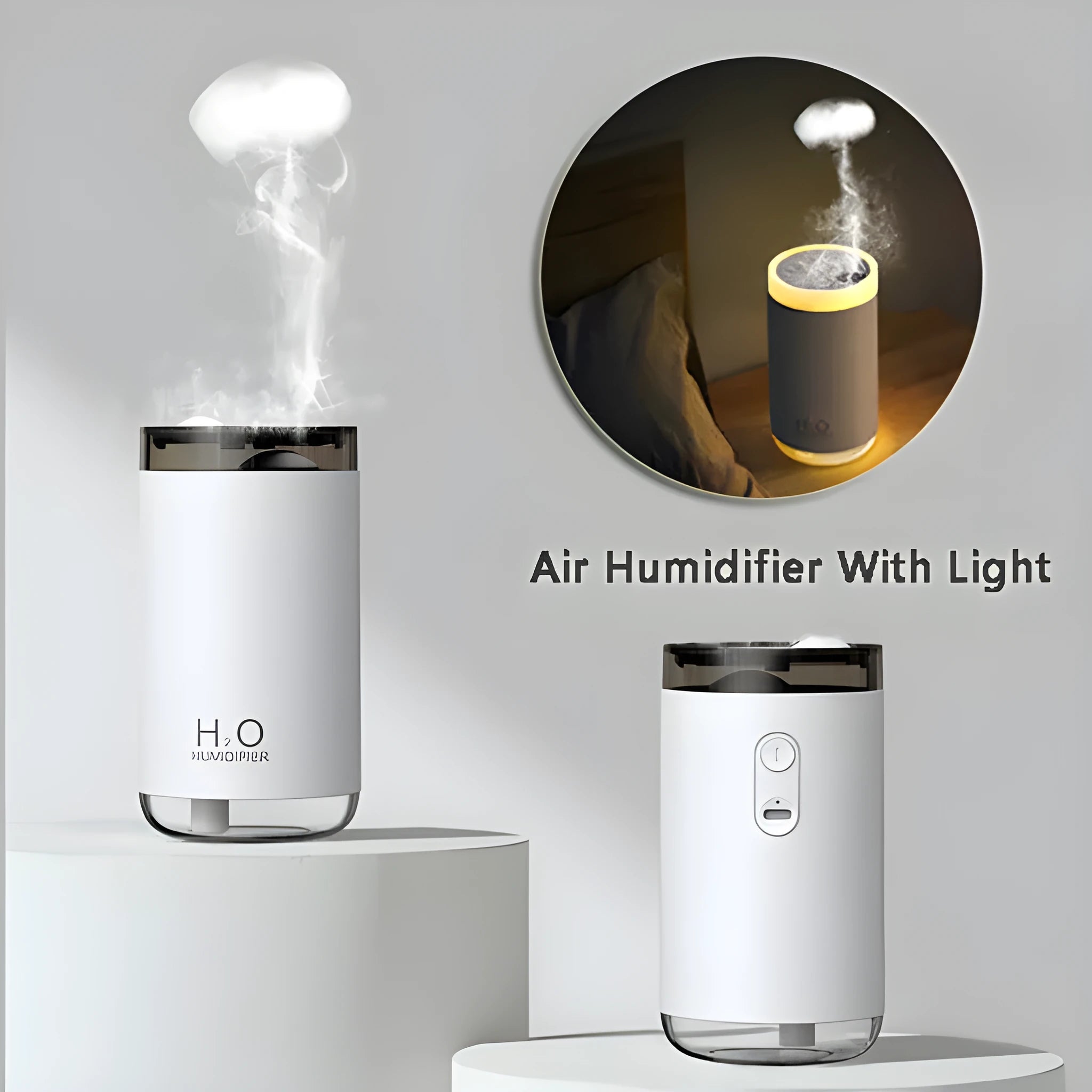 White USB jellyfish smoke ring humidifier with warm night light on a table, showing nano mist.