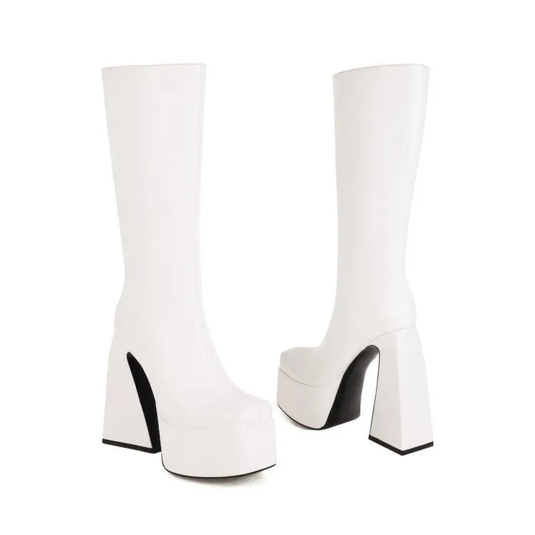 Women's casual high boots in black, red, blue and white colours with PU upper, European sizes 34-43