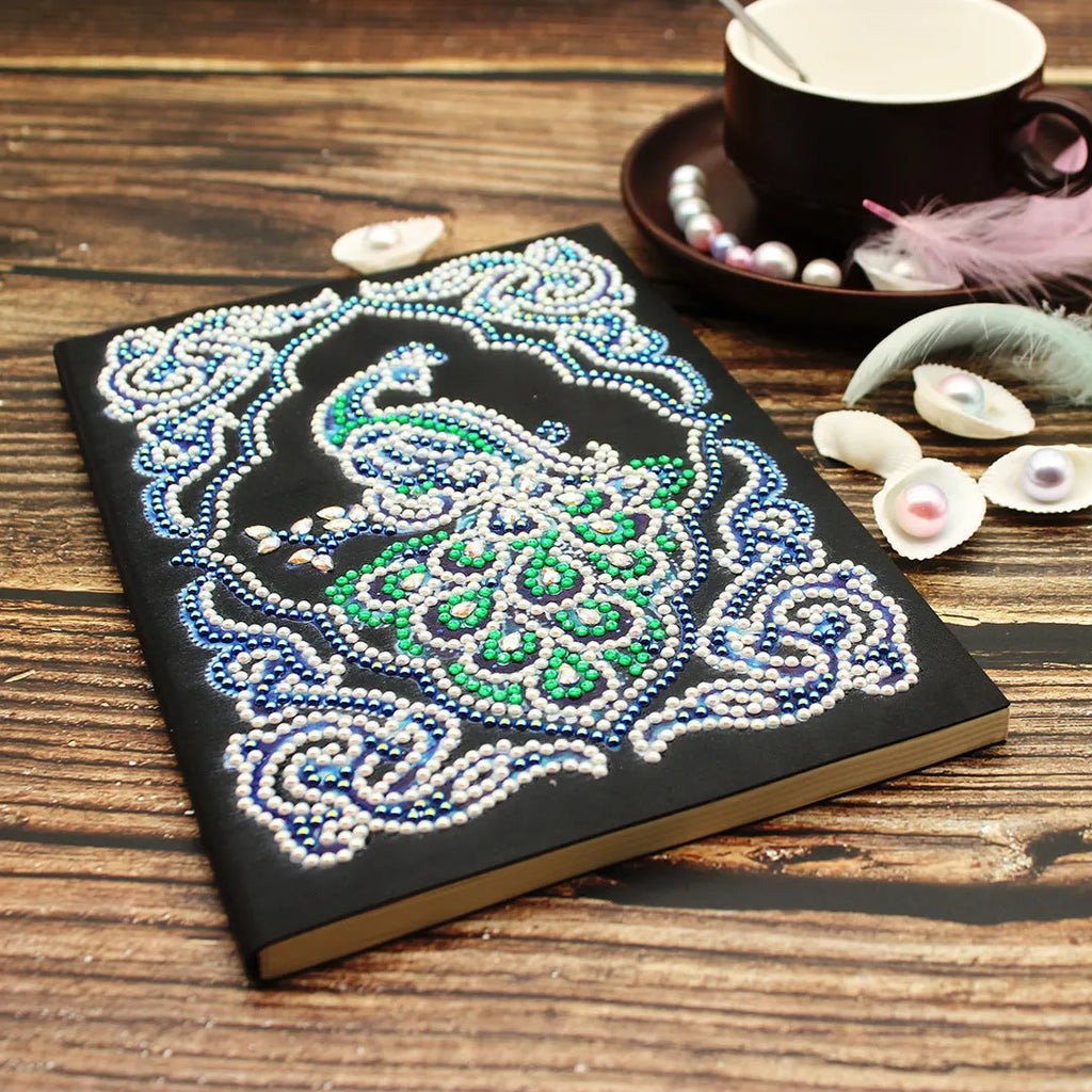 Black A5 diamond painting notebook for peacock art with shaped and bright drills.