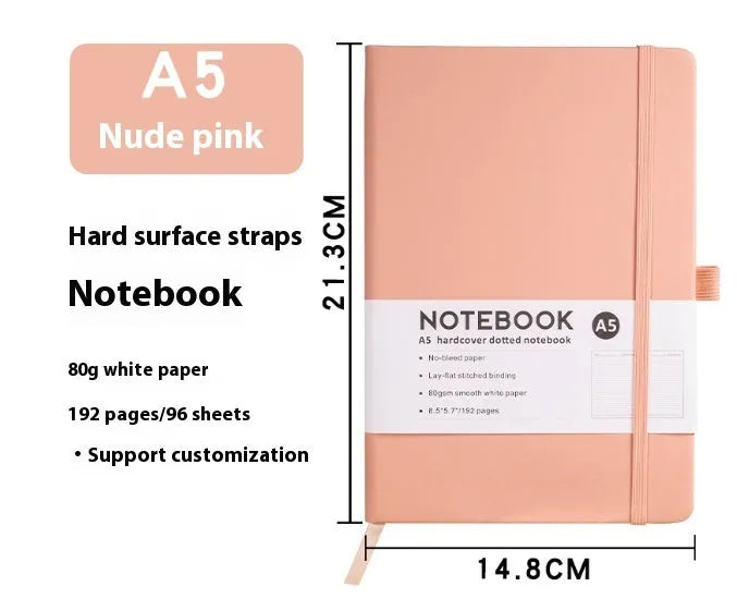 A5 soft touch PU leather strap diary open showing lined pages, closed with elastic band, in a choice of colours.