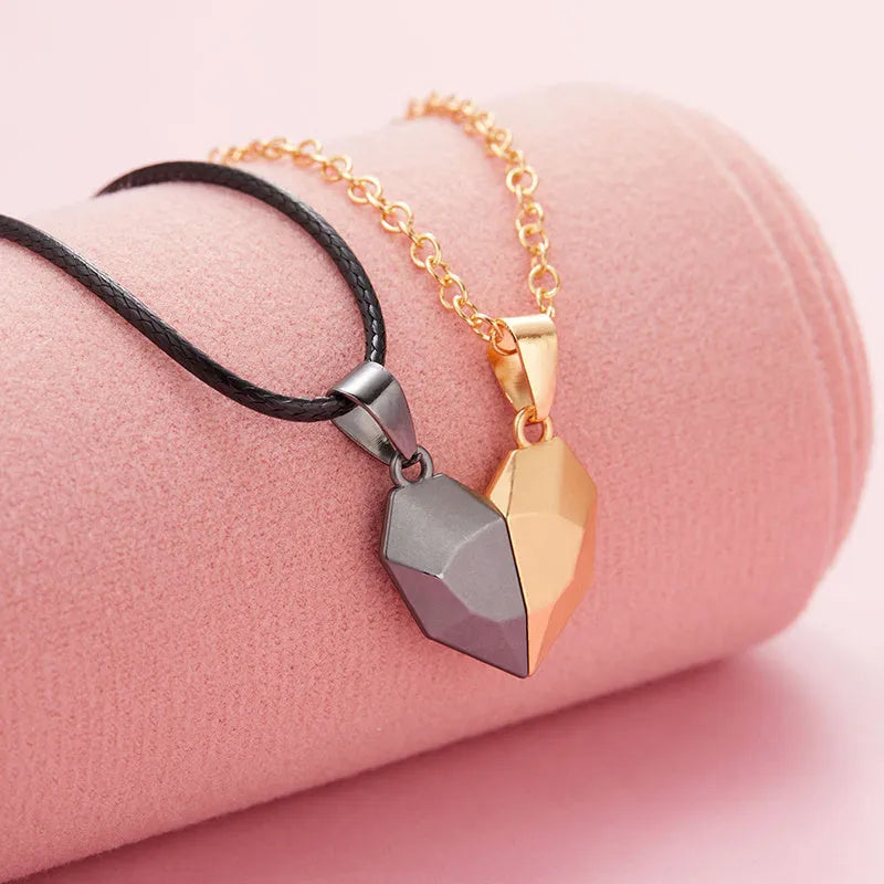 Creative magnet necklace love heart broken copper pendant wishing stone on cross chain, adjustable 21-50cm