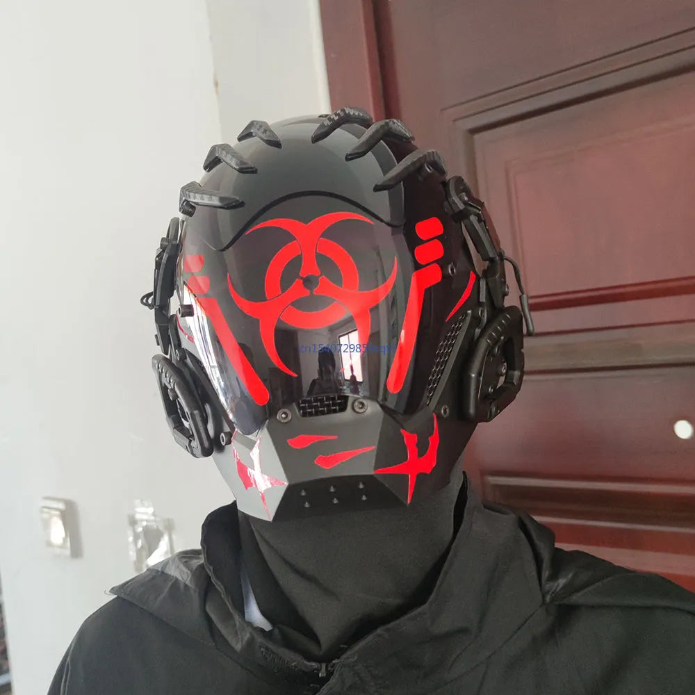 Black full face helmet prop with a bioweapon tech design for cosplay and parties.