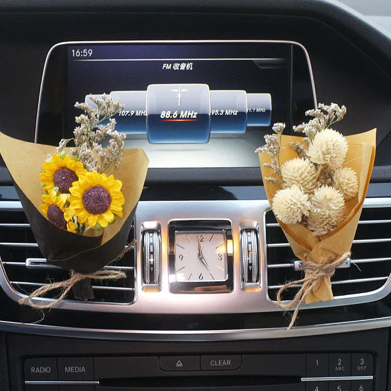 Car vent mounted dried flower bouquet decorative accessory in various floral styles