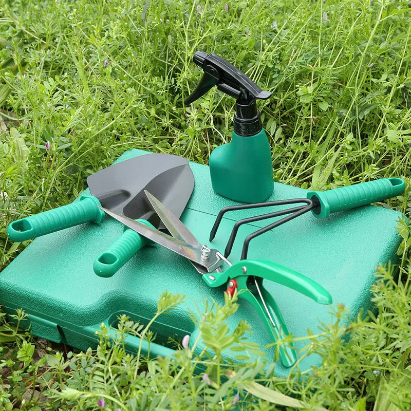 Ten-piece gardening tool set with iron heads and plastic handles in green and purple colour options