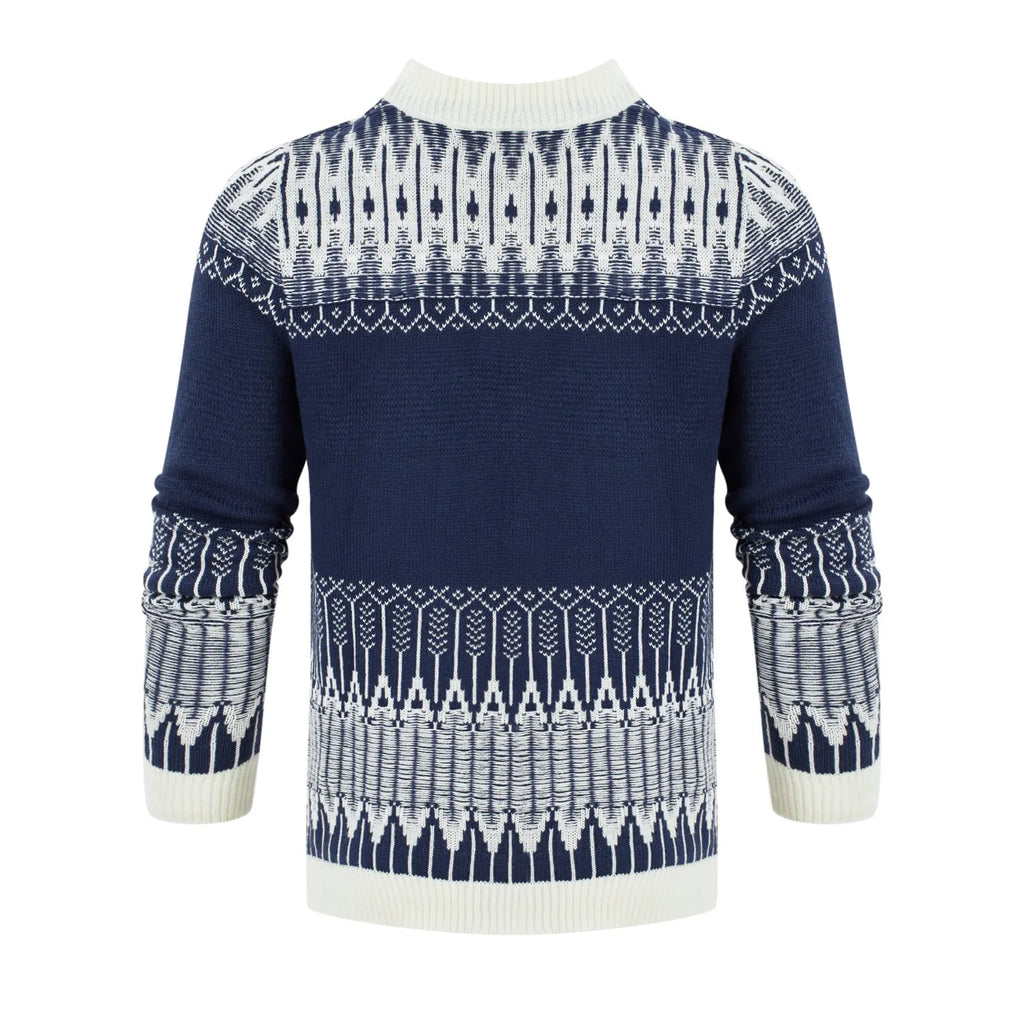 A man's knitted long-sleeved pullover sweater for fall and winter wear.