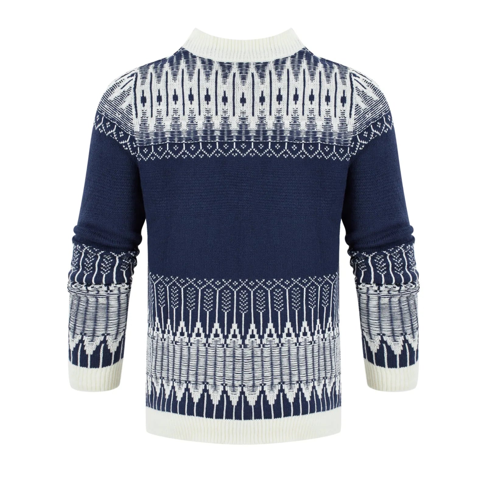 A man's knitted long-sleeved pullover sweater for fall and winter wear.