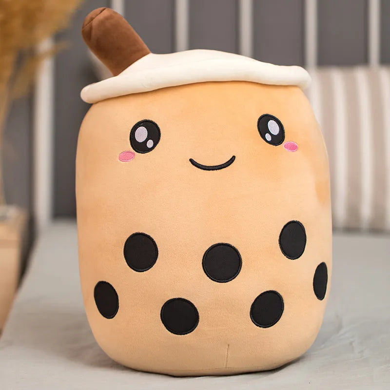 Brown and pink boba milk tea plush stuffed toy shaped like a fruit and drink cup.