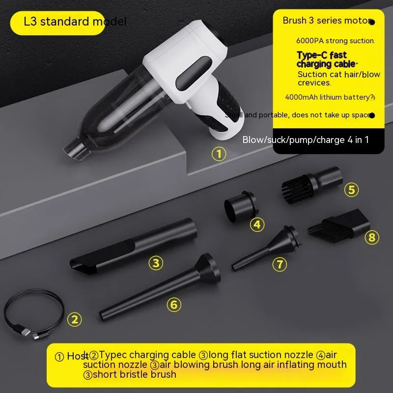 Black cordless handheld car vacuum cleaner with attachments on a grey car seat.