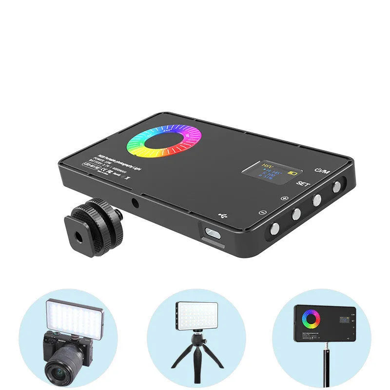 Portable LED RGB fill light in black, compact size 13.9cm, with adjustable brightness for indoor video