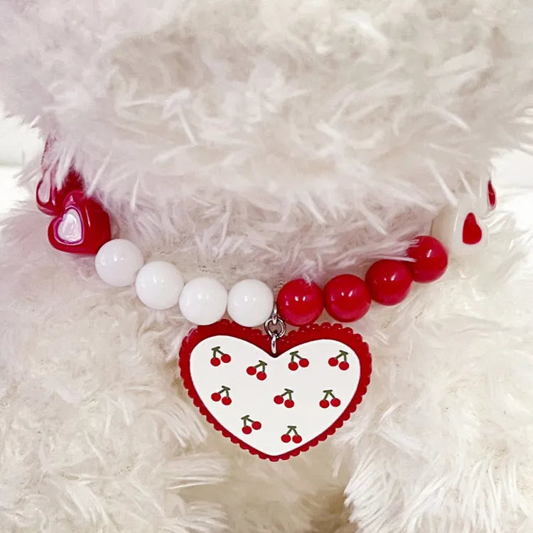 Red heart bead dog collar with flower pattern, princess style, available in sizes S M L