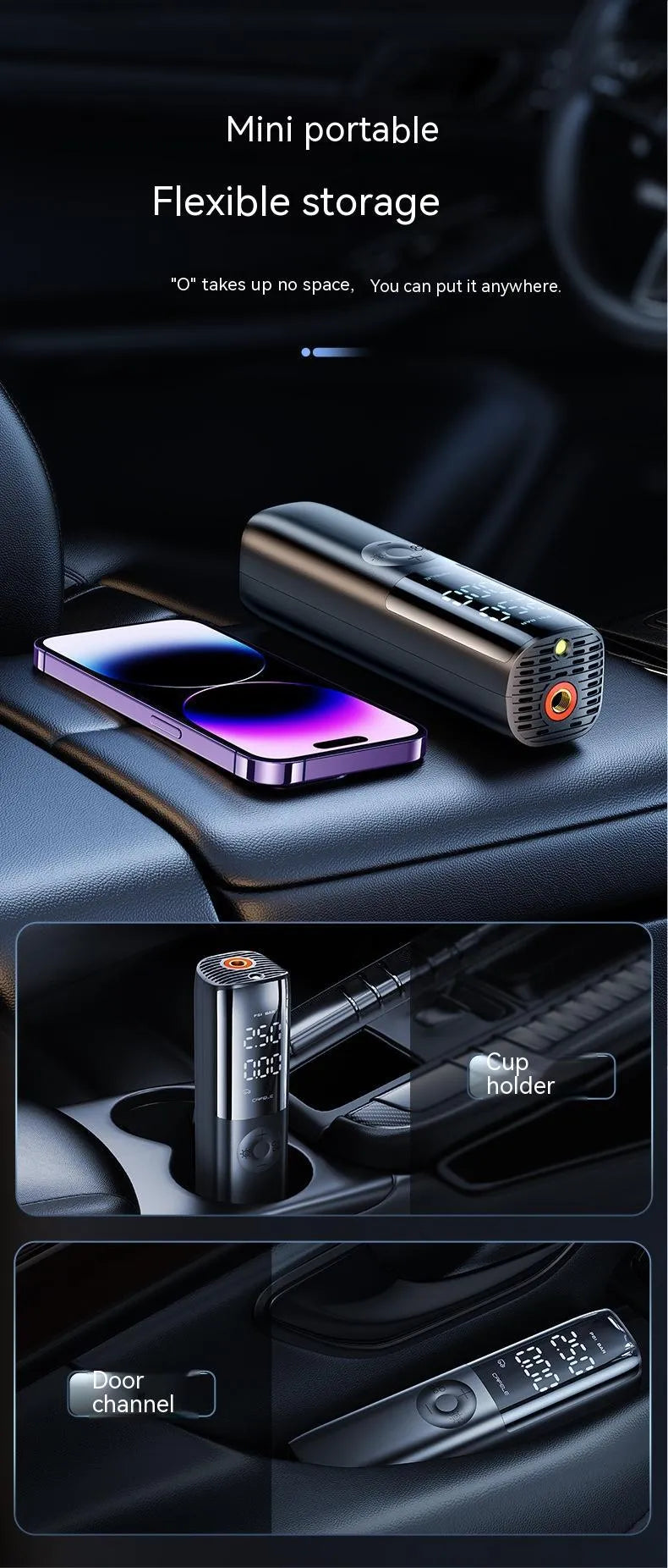 Black portable electric car air pump with tyre pressure gauge and plug connection