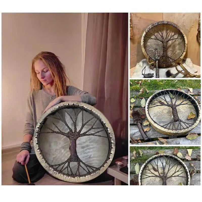 25cm handmade birch Tree of Life shaman drum with drumstick, shown in grass green, black, or blue