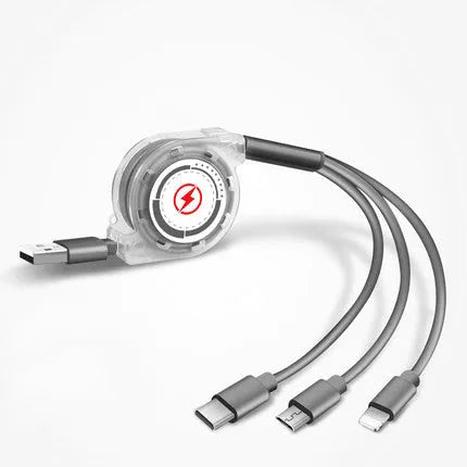 Telescopic 3-in-1 charging cable extended to show 120 cm length and titanium alloy connectors