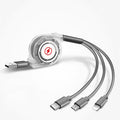 Telescopic 3-in-1 charging cable extended to show 120 cm length and titanium alloy connectors