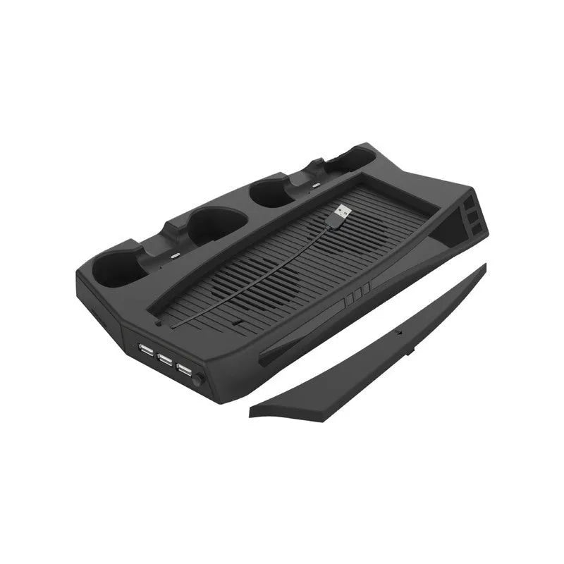 Black PS5 charging cooling base station with two controller docks and USB ports