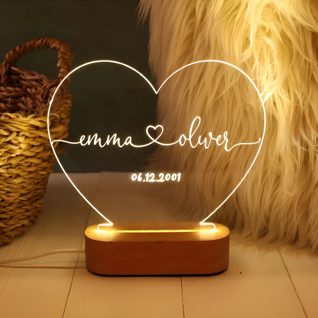 Custom acrylic night light with personalised names and date, showing dimensions of 20cm by 11.5cm.