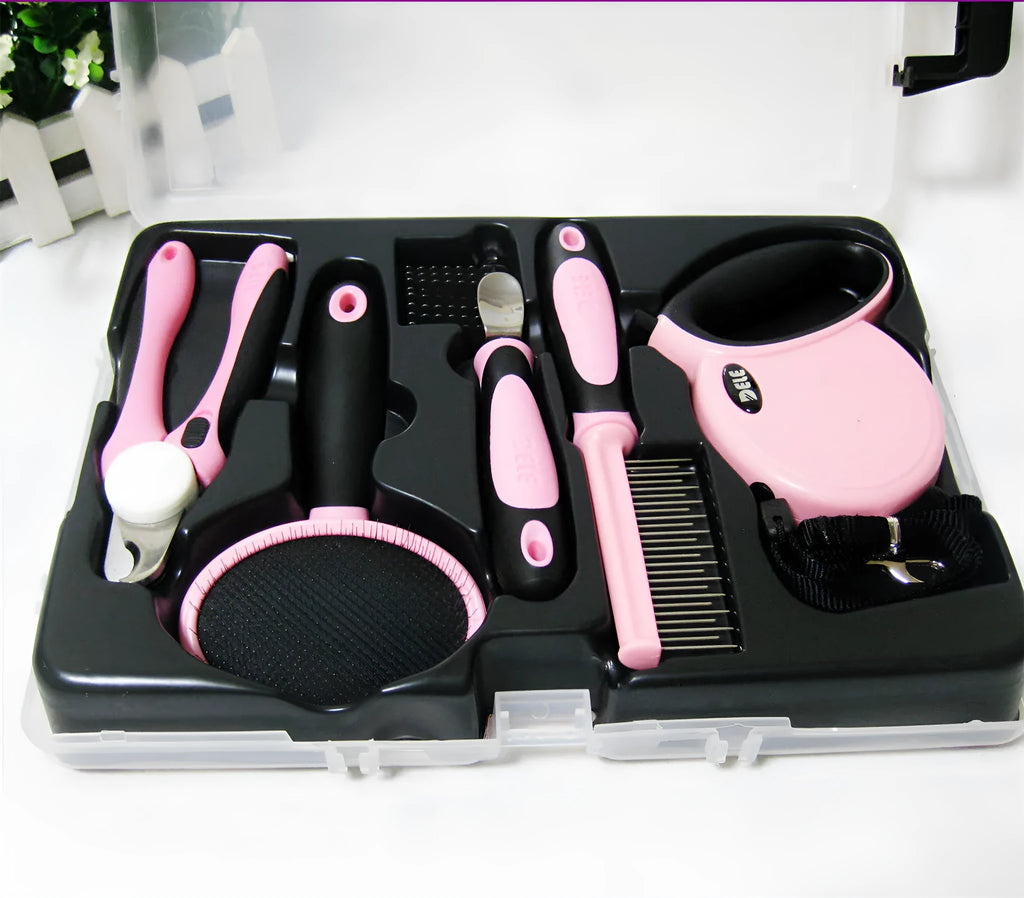 Blue dog grooming kit with traction rope, nail clippers, and comb set in plastic storage box.