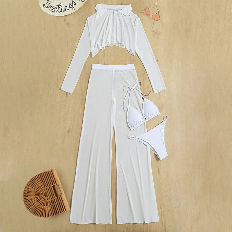 White women's swimwear four-piece set with high-waisted bottoms and backless top on a mannequin