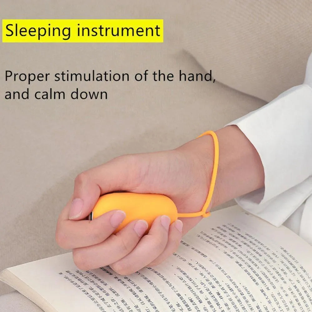 Handheld microcurrent sleep aid device with round button, USB charging port, and stainless steel electrodes in grey green orange colours