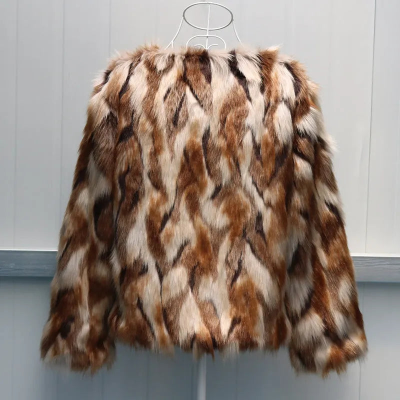 Korean slim-fitting women's faux fur coat in street fashion style on a hanger.