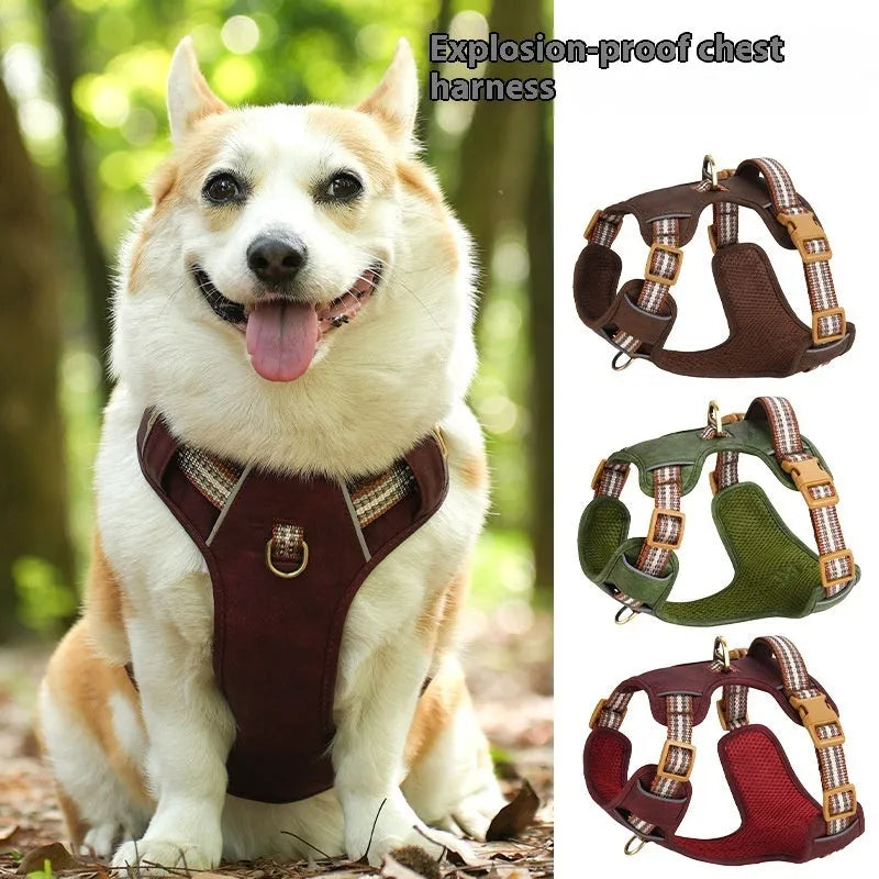 Brown retro leather dog harness with reflective stitching and explosion-proof buckle on adjustable chest strap