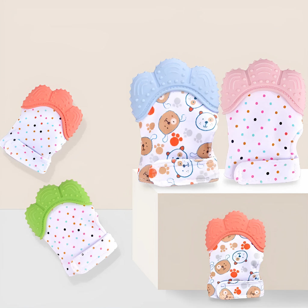 Silicone baby teether gloves with Velcro strap in multiple colour options for infants 3-12 months