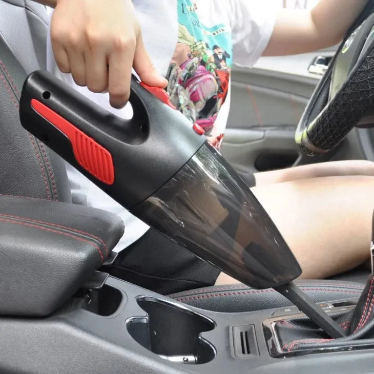 Handheld high-power 120W car vacuum cleaner with brush and long nozzle on black background