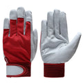 Pair of genuine pigskin labour protection work gloves in black, shown on a surface, for heavy duty construction and warehouse use