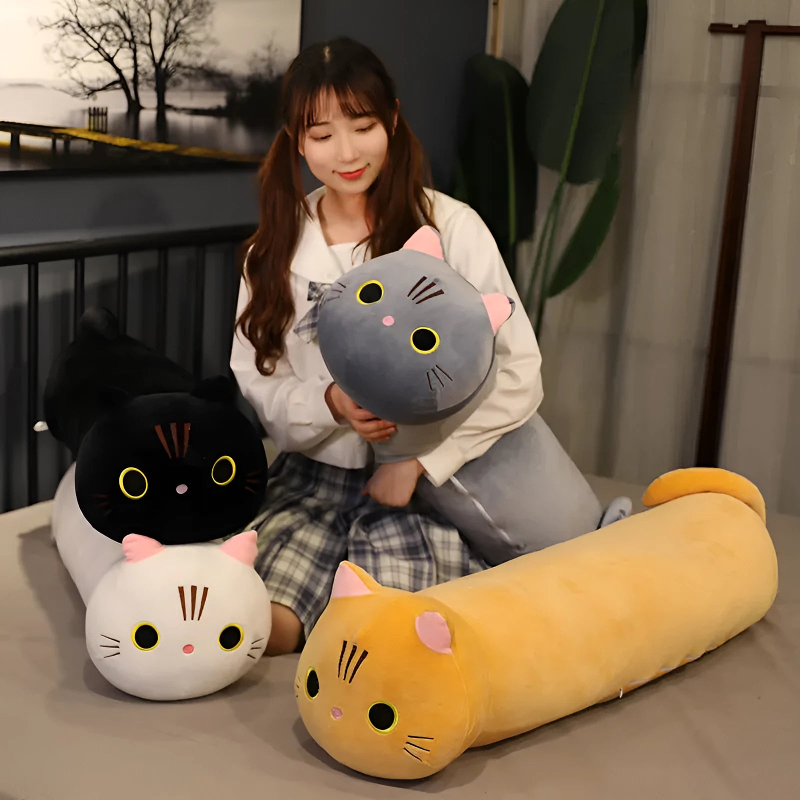 Large soft cartoon cat plush toy stuffed doll in multiple colours and sizes