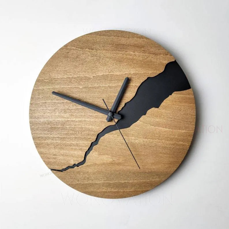 Modern round wooden wall clock with creative crack design and Arabic numerals
