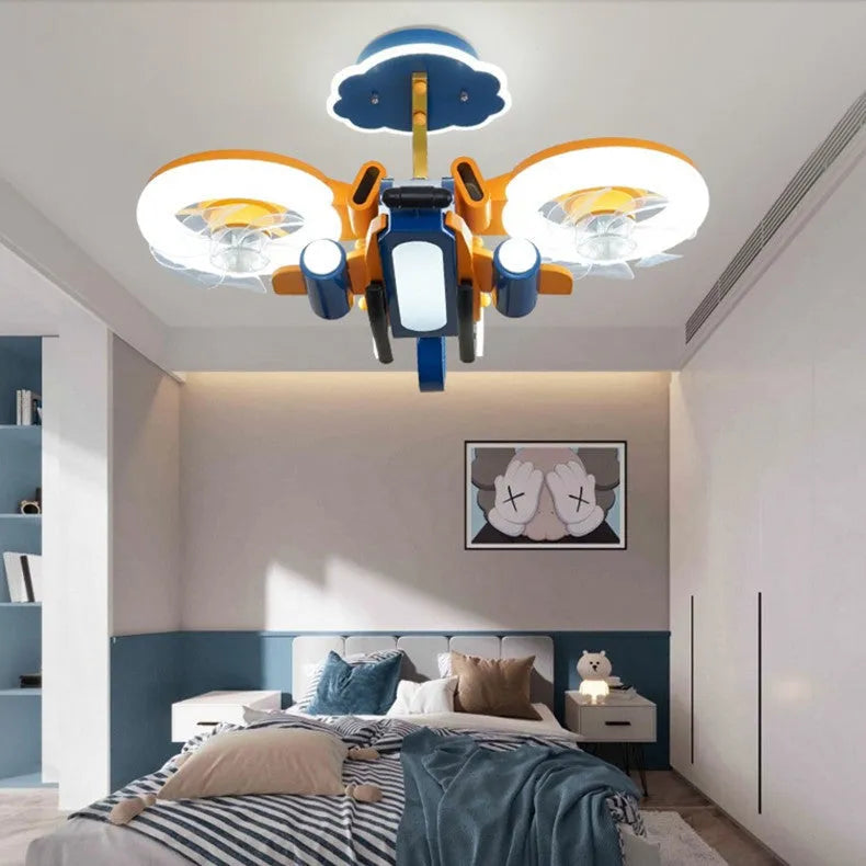 Modern ceiling fan light with acrylic shade and metal blades for bedroom installation with remote control