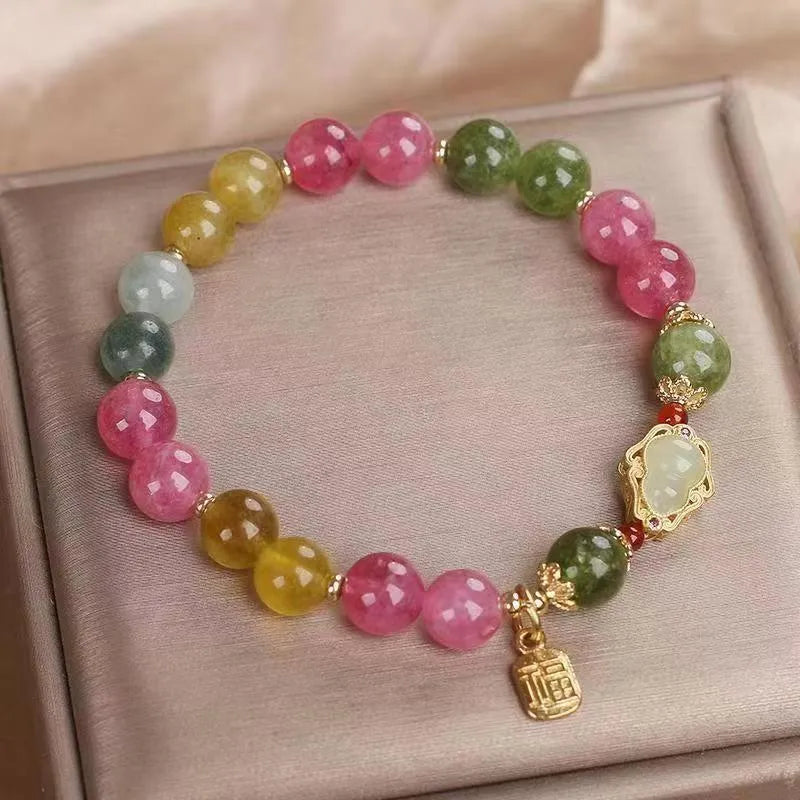 Women's colourful tourmaline gourd blessing card bracelet with electroplating finish and flower shape design