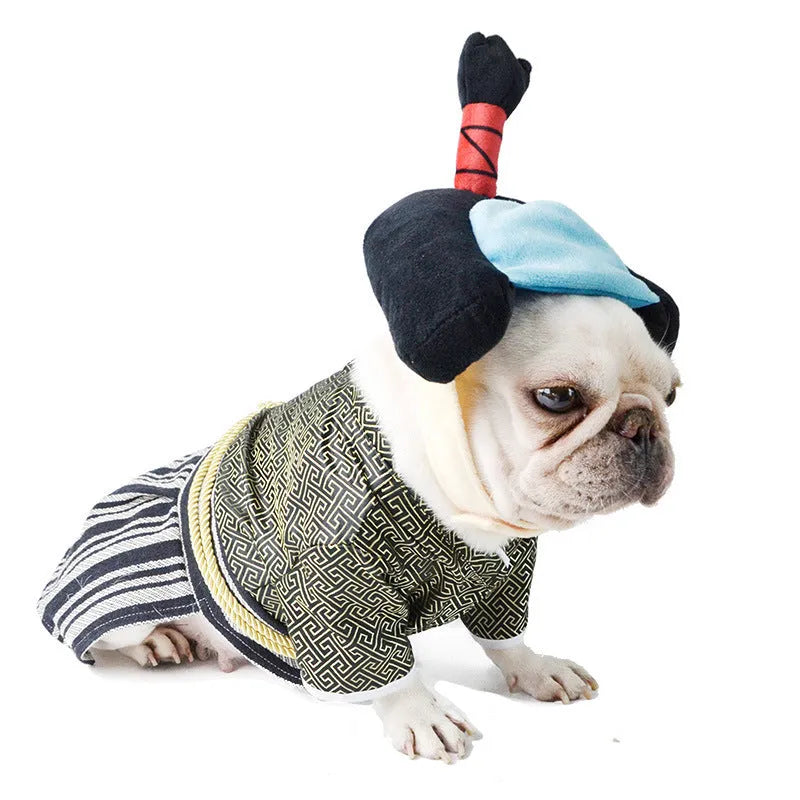 Japanese kimono dog warrior costume in black or red polyester pet clothing, sizes S to XL.