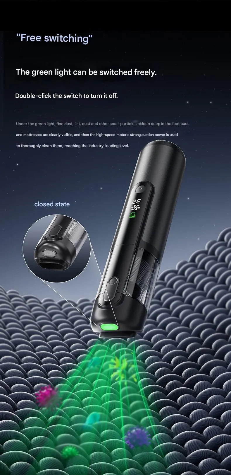 Black handheld car vacuum cleaner with green light dust detection on a car seat